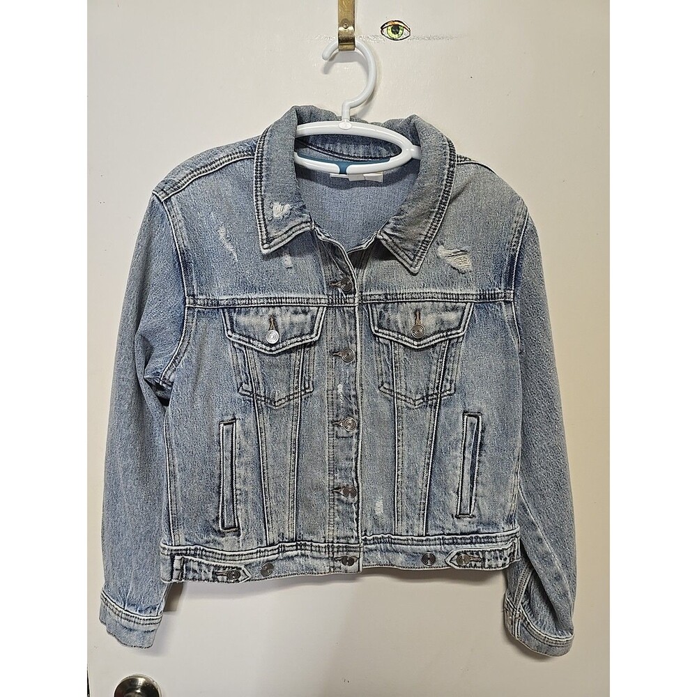 Women's Denim Jacket Light Wash Distressed Stretch Jean Jacket Size SMALL